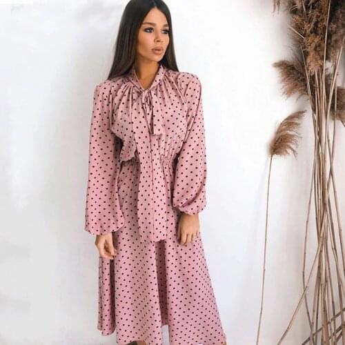 Elegant Polka Dot Dress Scarf Collar V-Neck Women Dress Commute Solid Casual Dress A-Line Loose Vintage Lantern Sleeve Dress