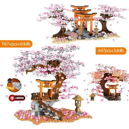 1167PCS City Street View Building Blocks Idea Sakura Stall Inari Shrine Bricks Cherry Blossom Landscape House Compatible Toys