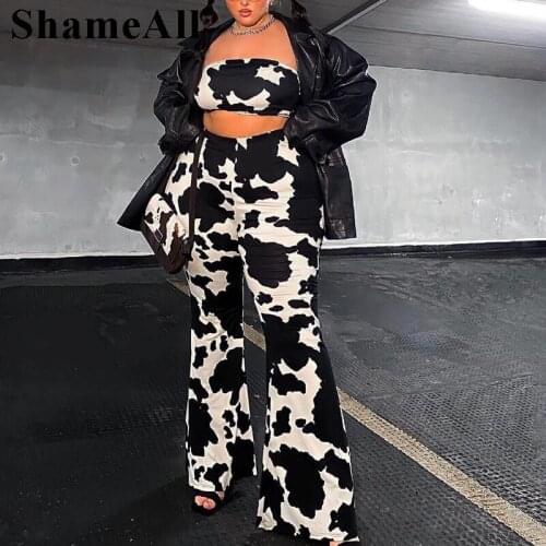 Shameall Plus Size Pants Two Piece Sets 4xl Cow Print Sexy Crop Tube Tops Flare Pant Matching Sets Sleeveless Outfits Tracksuits