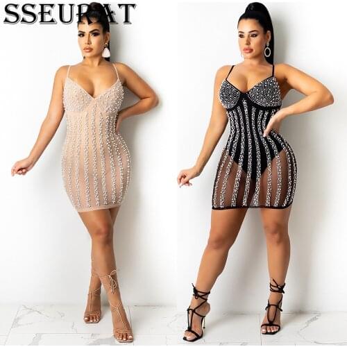 SSEURAT Summer See-through Mesh Diamonds Dress Women Sexy Slim Elastic Strap Mini Dresses Lady Club Party Night Outfit