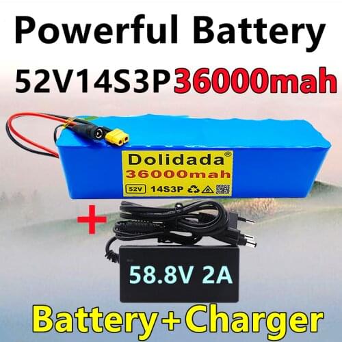 High capacity 18650 52v 36000mah14s3p lithium battery 52v 36ah 2000w electric bicycle battery built-in 20a bms xt60 with charger