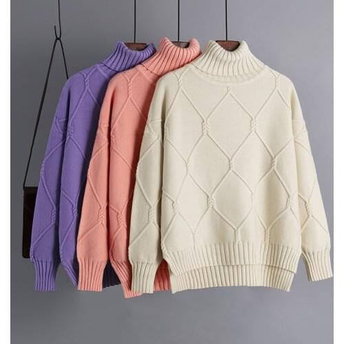 Fashion Women Turtleneck Pullover Jumper Geometric Diamond Thick Knitted Sweaters Korean Female Loose Warm Bottomed Sweater