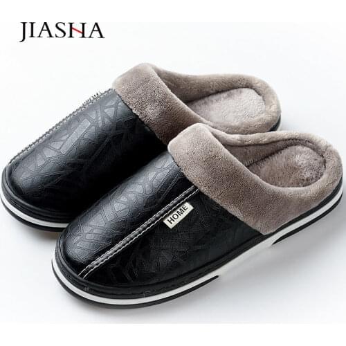 Men slippers leather winter shoes men warm house slippers waterproof 2019 brand anti dirty plush non-slip male shoes plus size