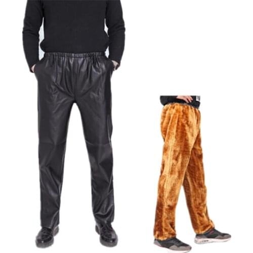 Mens Winter Pants Faux Leather Brushed PU Pants Thicken Casual chaparejos Fleece Trousers Plus Size XXXL Mens Men Clothing