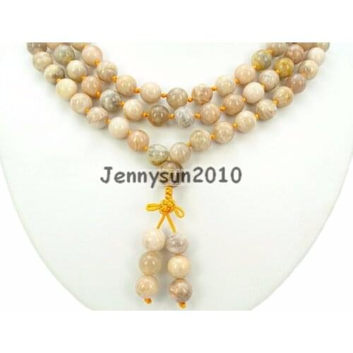 Natural Sunstone 10mm Gems Stone Buddhist 108 Beads Prayer Mala Knot Necklace Multi-Purpose 5Strands/Pack