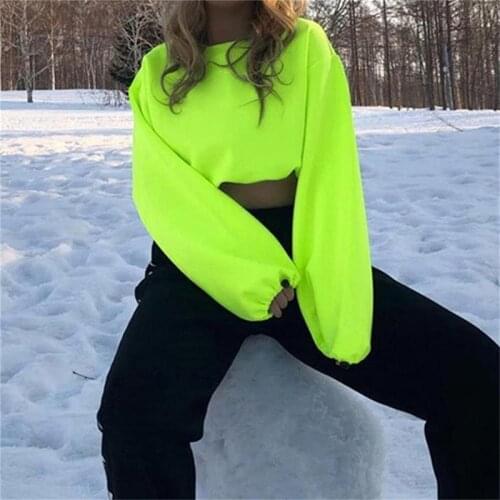 Neon Green Sweatshirt Women Long Sleeve Hoodie Women Casual Slim Pullover O-Neck Solid Sweatershirt Harajuku Tops Hoodie