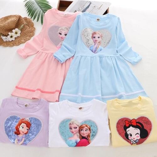 Disney Foezen Cartoon Baby Girl Clothes Childrens Clothing Heart Snow White Elsa Princess Dress Round Neck Long Sleeves Autumn