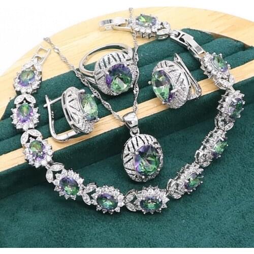 Oval Rainbow Topaz 925 Silver Jewelry set for Women Bracelet Hoop Earrings Necklace pendant Ring