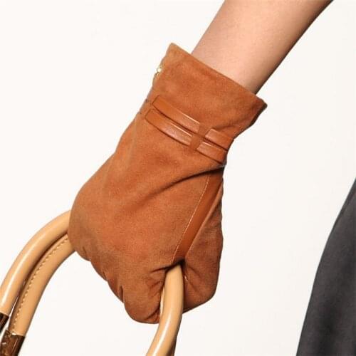 Fashion Women Suede Sheepskin Gloves Autumn Winter Plus Velvet High Quality Genuine Leather Elegant Lady Driving Glove EL004NC