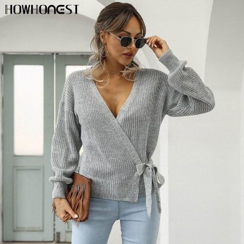 Za Pullovers Lace Up Long Sleeve Knitted Womens Sweaters Fall Winter V Neck Fashion Sexy New Arrival Ladies Casual Knit Sweater