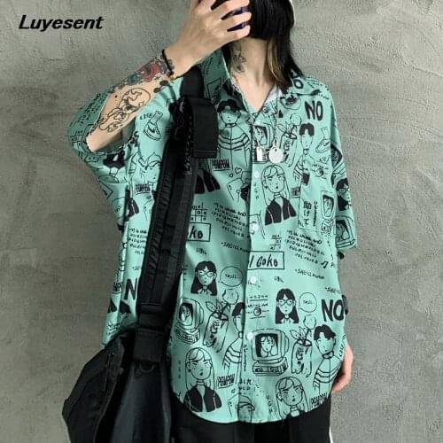 Kawaii Cartoon Printed Lady Shirt Single Breasted Women Summer Harajuku Lapel Collar Shirts Short Sleeve Loose Aqua White Top