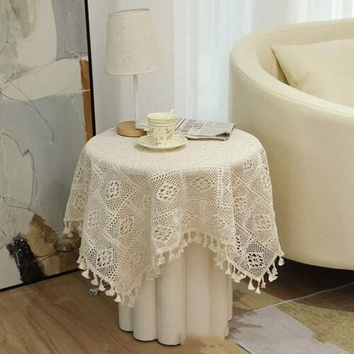 Boho Chic Crochet Knitting Tablecloth for Dining Room Beige Cotton Linen Rustic Vintage Farmhouse Retro Cabinet Cover