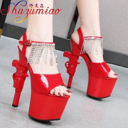 Shuzumiao Patent Leather Sandals 2021New Brand Women shoes Sexy Platform Gun heel Fringe High Heels Stiletto Stripper Dance Shoe