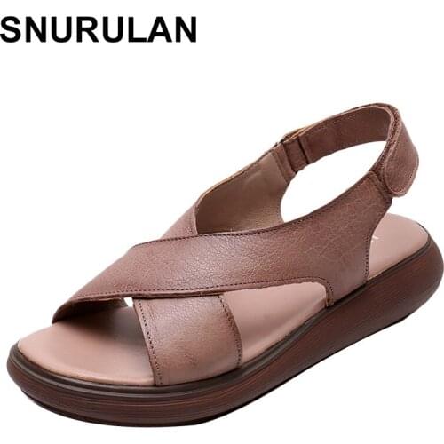 SNURULANFashion Summer Vintage Genuine Leather Platform Sandals for Women 2020 Hook and Loop Cross Strap Flat Sandals Woman