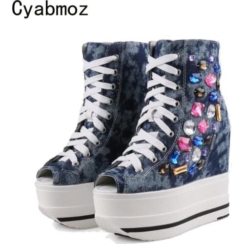 Cyabmoz Women height increasing Shoes Denim Rhinestone Platform High heels Woman Pumps Party Shoes Tenis feminino Zapatos mujer