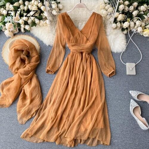 Spring Autumn Long Dress Women Retro Long Sleeve V-neck Chiffon Maxi Dresses Woman Sexy V Neck Elegnat with Silk Scarf Long Robe