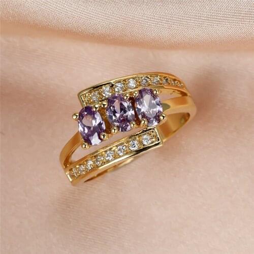 Female Luxury Purple Crystal Oval Stone Engagement Rings For Women Wedding Jewelry Vintage Fashion Yellow Gold Birthstone Ring