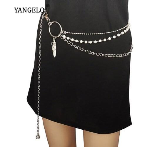 Harajuku Sweet Pearl Waist Chain Cross Pendant Chain Female Tide Metal Belt Waist Accessory Womens Sliver Chains Belt