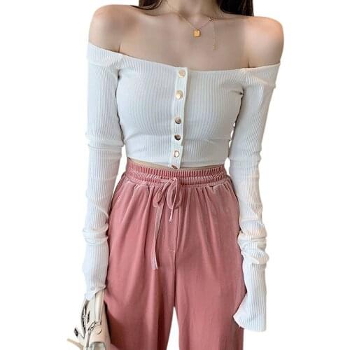 Women Crop Tops Sexy Slash Neck T-shirt Button Autumn Slim Long-sleeved T-shirt