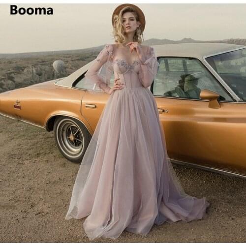 Booma Dirty Pink Beach Wedding Dresses Long Puff Sleeves Beaded Flower Bride Dresses Lace Up Open Back A-Line Tulle Bridal Gowns