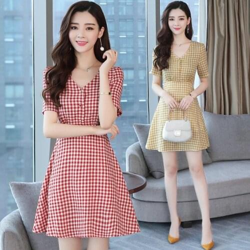 2019 New Fashion Summer Red Plaid Dress Vintage Work wear Dress short sleeve V-Neck Office Lady Women Mini Dress