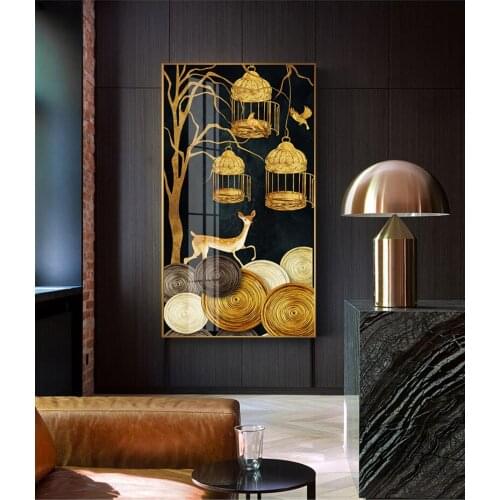 Abstract Black background Golden Deer and cage landscape Modern Wall Art Decorative Picture Canvas for porch Living room decor