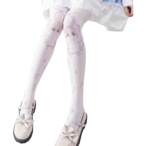 K3NF Lolita White Pantyhose Fairy Cat Rabbit Girls Pattern Kawaii Tights Stockings
