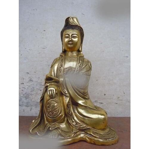 Free Shipping 11" China bronze gilded Guanyin Bodhisattva comfortable Kwan-yin buddha statue