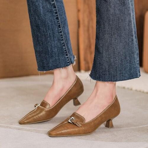 Osunlina Brand Office Pumps Woman Square Toe Black High Thin Heel Pumps Belt Buckle Genuine Leather Handmade Lady Shoes 2021 New