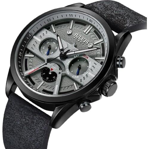 New Real Multi-Function Mens Watch Hours Japan Mov't Clock Business Bracelet Real Leather Sport Boys Birthday Gift Julius Box