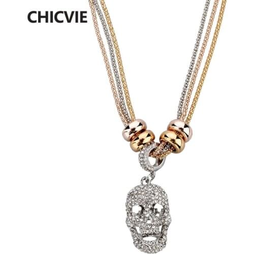 CHICVIE Crystal Bead Skull Necklaces & Pendant Gold color Long Statement Vintage Accessories For Women Steampunk Ethnic Jewelry