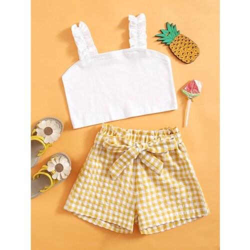 FOCUSNORM 2-7Y Infant Kids Girls Clothes Sets Off Shoulder Strapless Vest Tops Bowknot Plaid Shorts 2pcs Clothes