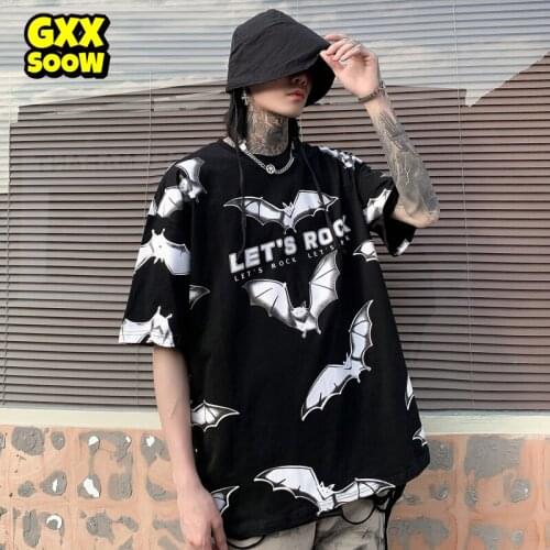 Hip Hop Tshirts 2020 Men Bat Printed Casual Black T-Shirt Streetwear Mens Harajuku Short Sleeve Loose T Shirts Tops Tees WG987