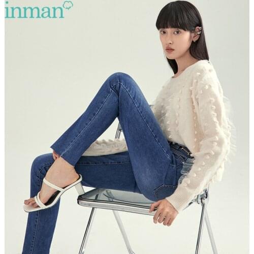 INMAN Autumn Womens Jeans Fashion Casual Trousers Chain Buckle Double Buttons High Waist Design Slim Female Bottoms