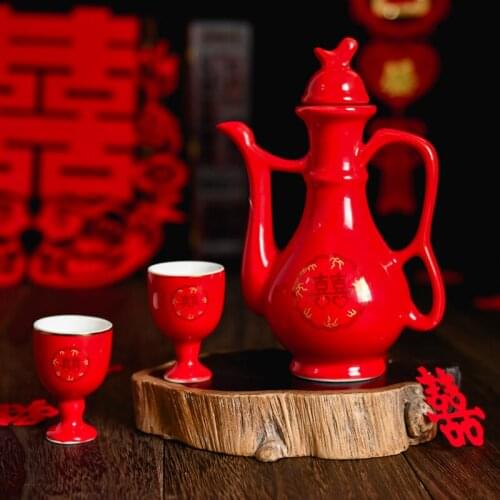 Chinese wedding marriage wine fagon pot bottle cup ceramic red festival creation barware set banquet gift marriage celebration