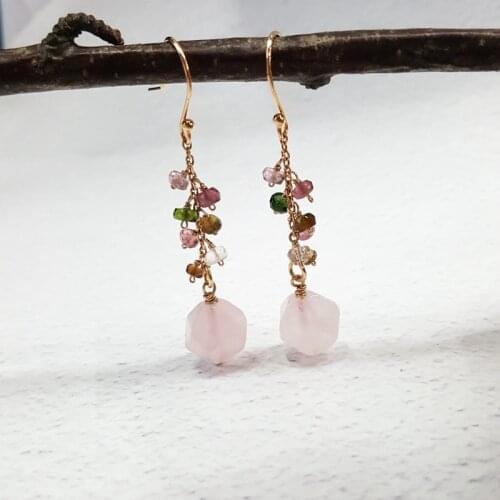 LiiJi Unique Natural Rose Quartz Tourmaline 925 Sterling Silver Dangle Earring Fahion Women Jewelry Gift