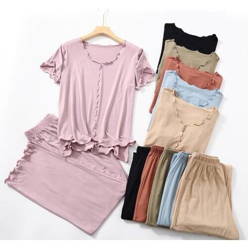 Modal Pyjamas Female Short-Sleeved Two-Piece Suit Womens Summer Pajamas Set Casual Outer Wear Wide-Leg Pants Home Clothes