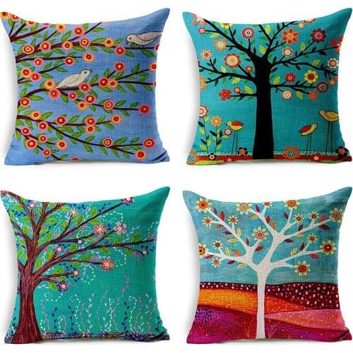 Bohemian style oil painting big tree school flower pillowcase car sofa cushion cover home decoration