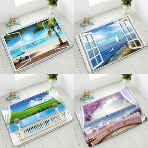 3D Window View Non-Slip Bathroom Mat Ocean Seagull Flowers Green Leaves Plants Natural Scenery Entrance Doormat Absorbent Carpet