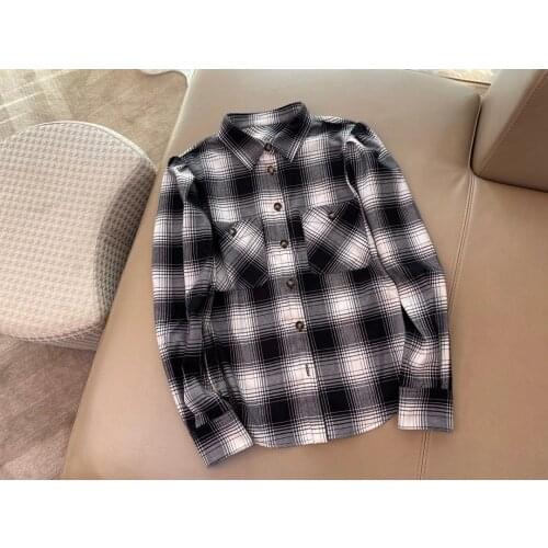 New Ladies Fashion 2021 Long Sexy Puff Sleeve Check Shirt Top 0308