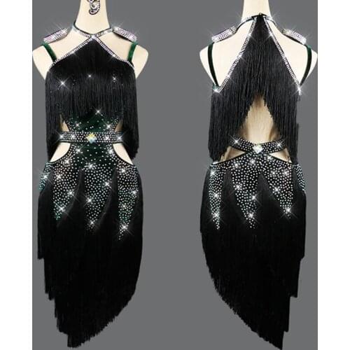 New Blackish Green Velvet Latin Dance Dress Women Latin Competition Fringed Dress Samba Rumba Salsa Crystal Stone Costume BL5040