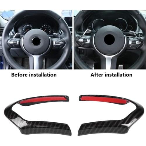 Qiilu 2pcs Steering Wheel Cover Trim Frame Fit for BMW F20 F22 F30 F32 F10 F06 F15 F16 Carbon Fiber