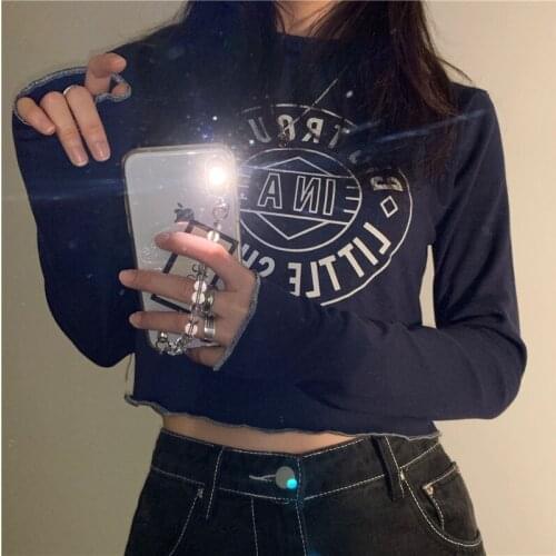 Autumn and Winter New Printed High-waist Short Long-sleeved Padded T-shirt Womens Long-sleeved All-match Bottoming Shirt Top