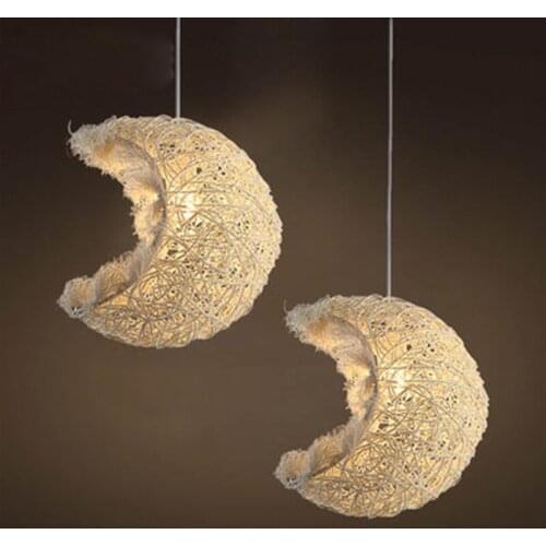 Moon Pendant Lamp Light Nordic Rattan Wicker Wood Handmade Hotel Restaurant Cafe Living Dinning Room Suspension Lighting
