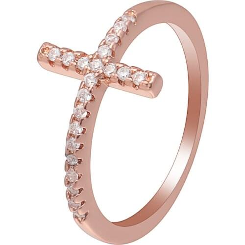 Religious Trend Sideways Cross ring rose gold-color Czech zircon crystal vintage us 5-10 wedding ring for women
