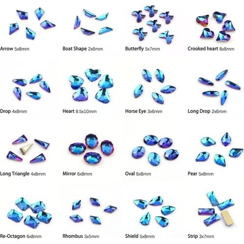 Hot sale Flame blue Nail Art Rhinestones 31 styles Fancy Crystal stones 30/100Pcs For 3D Nail art decoration