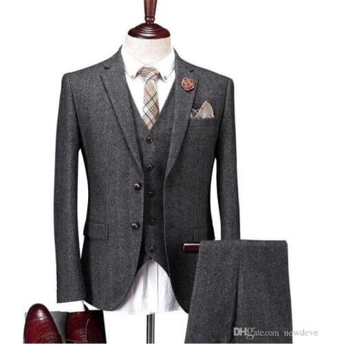 Wedding Tuxedos Mens Vintage Suit 3 Pieces Tweed Fleck Tweed Wool Dark Gray Best Man Groomsmen Tuxedos (Jacket+Pants+Vest)