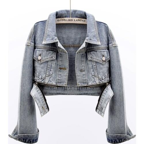 Vintage Black Denim Jacket Coat Women Outerwear Chaquetas Mujer Spring New Slim Zipper Hem Long sleeve Short Jeans Jacket Female