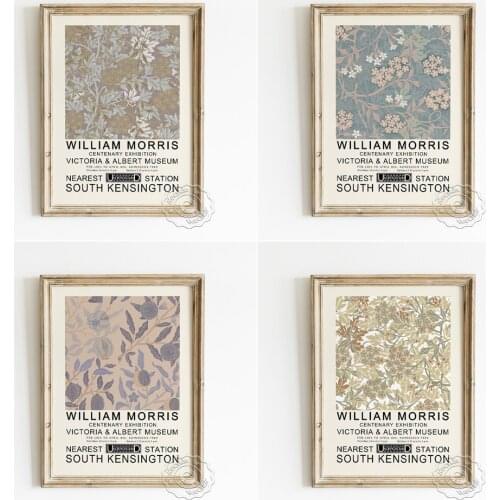 William Morris Fabrics Pattern Exhibition Poster, Hydrangea Flower Shapes Canvas Painting, Arts Crafts Movement Room Home Decor
