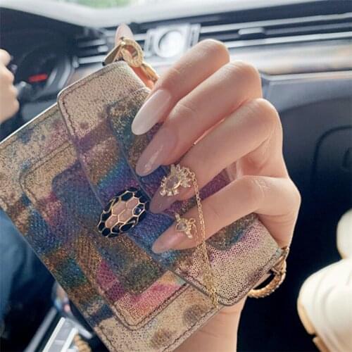 Jelly pink and white hit pure color with golden chain 3d decorated fake nails lady full nail tips bride false nails with glue